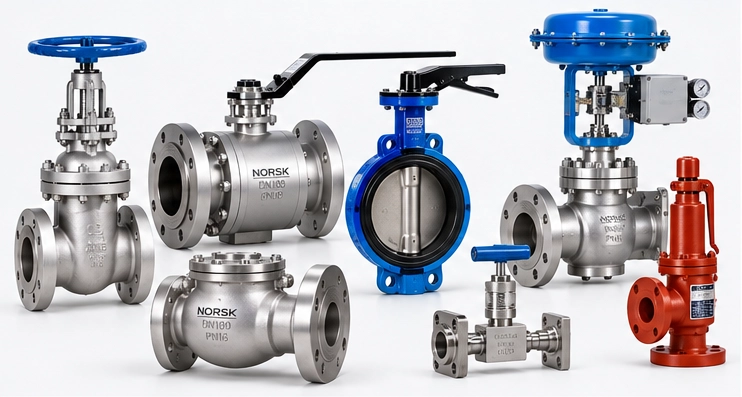 Range of Norsk Offshore valve types - gate, ball, butterfly, control and safety valves